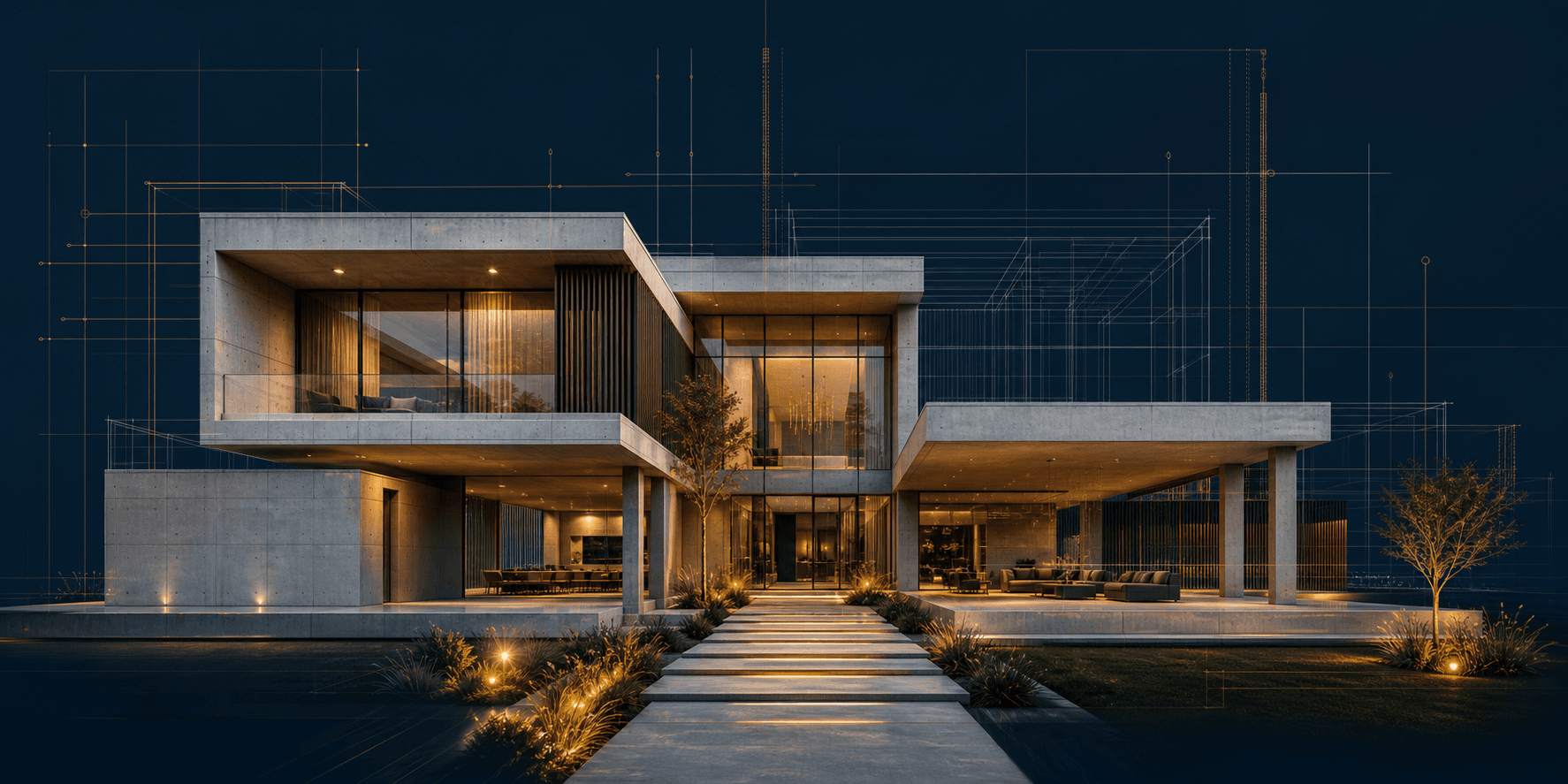 Visualização arquitetônica 3D de uma residência contemporânea