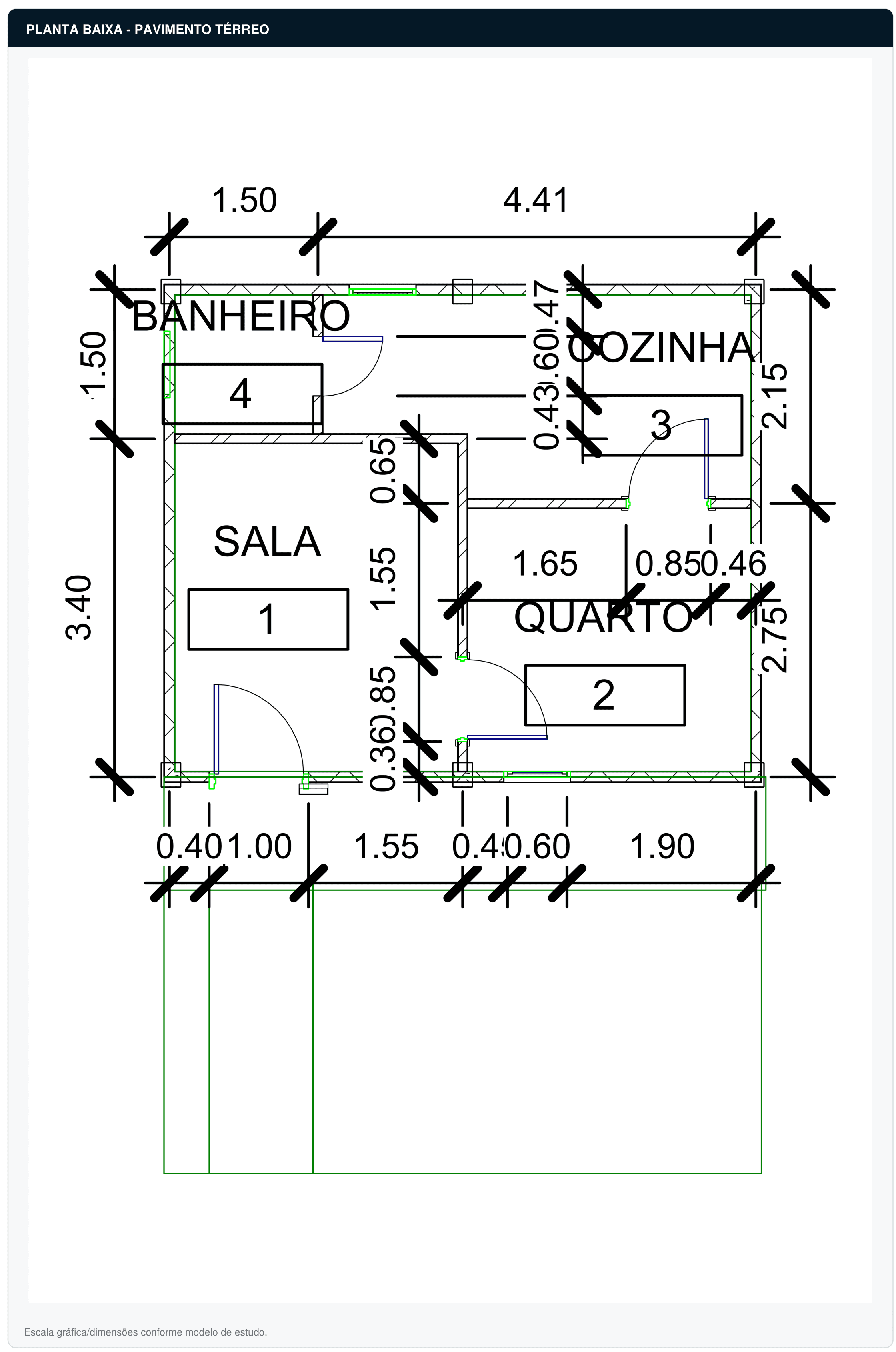 Planta baixa cotada do estudo preliminar da Residência Familiar